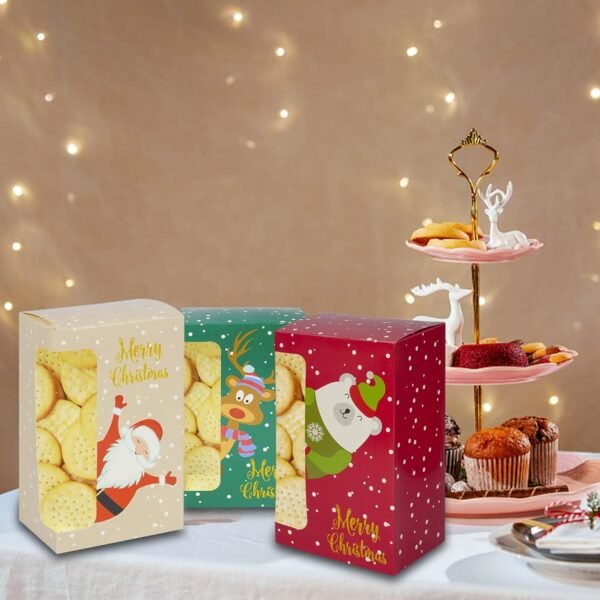 Uptotop Christmas Cookie Boxes, 24 Pcs Small Christmas Party Boxes with 6 Different Designs and Color, Xmas Bakery Pastry Boxes for Pastries, Cupcakes, Brownies, Donuts, 4" x 2.7" x 6.3" - Image 6