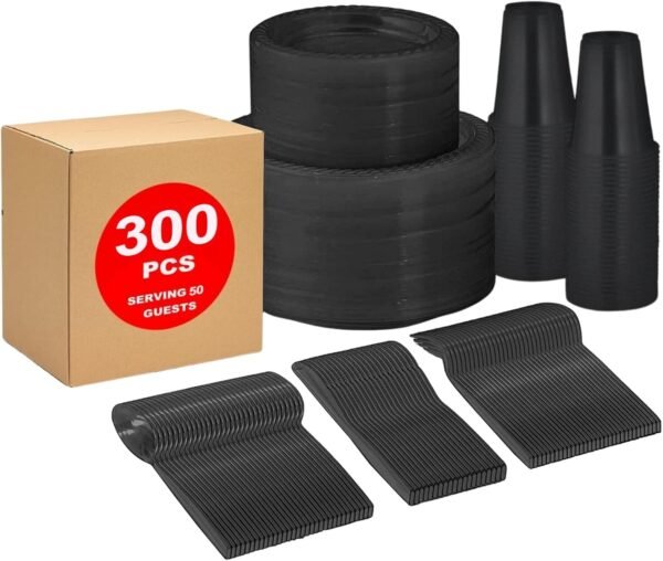 Framo 300 Piece Disposable Black Tableware Set for 50 Guests - Microwavable Plastic Dinnerware Set of 50 9” Plates, 50 6” Dessert Plates, 50 9oz Cups, 50 Spoons, 50 Forks, 50 Knives - Image 2