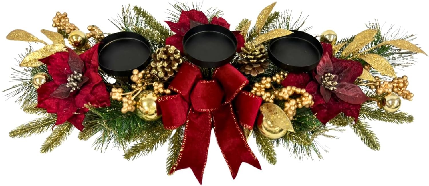 Christmas Candle Holder Christmas Decorations 3 Candle Holders with Red Poinsettia Flowers Decorative Bow Golden Pine Branches Pinecones Berries for Table Centerpiece - Image 2