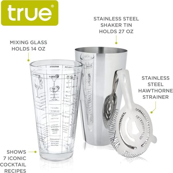 True 3-Piece Barware Set with 7 Cocktail Recipes and Measurements Printed on Mixing, Includes Shaker Tin and Hawthorne Strainer, Glass and Stainless Steel, Assorted - Image 3