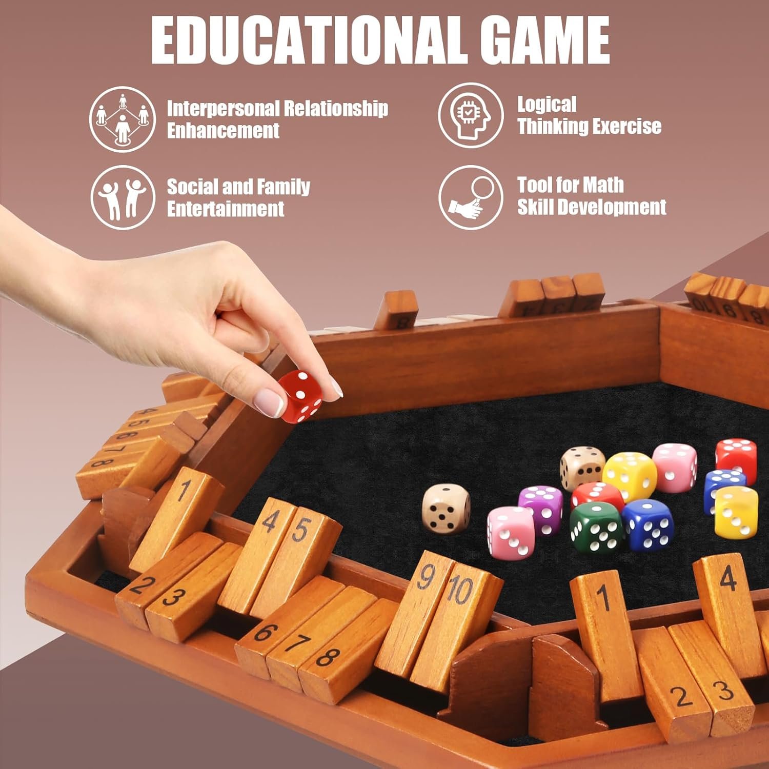 1-6 Players Shut The Box Dice Games, Wooden Board Table Math Game with 16 Dice and Instructions, Classics Close The Box Board Game for Adults Kids, Family Classroom Home or Bar - Image 6