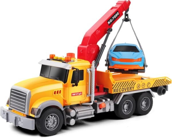 Dwi Dowellin Kids Toys for 3 4 5 6 7 Years Old Boys, 15" Large Tow Truck Toy,Friction Powered Transport Truck Crane Toy with Lights and Sounds,with Roadster,Toddlers Gifts - Image 3