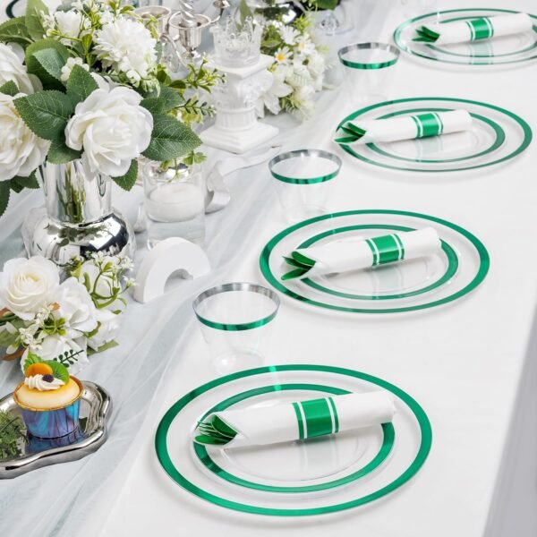 I00000 350 Pcs Green Plastic Plates-Christmas Dinnerware Set for Party,Include 50 Dinner Plates 10.25’’,50 Dessert Plates 7.5’’,50 Plastic Cups 9 OZ,50 Per Rolled Napkins with Cutlery for Xmas Dinner - Image 7