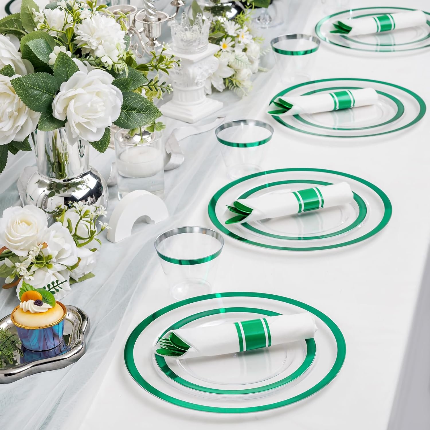 I00000 350 Pcs Green Plastic Plates-Christmas Dinnerware Set for Party,Include 50 Dinner Plates 10.25’’,50 Dessert Plates 7.5’’,50 Plastic Cups 9 OZ,50 Per Rolled Napkins with Cutlery for Xmas Dinner - Image 7