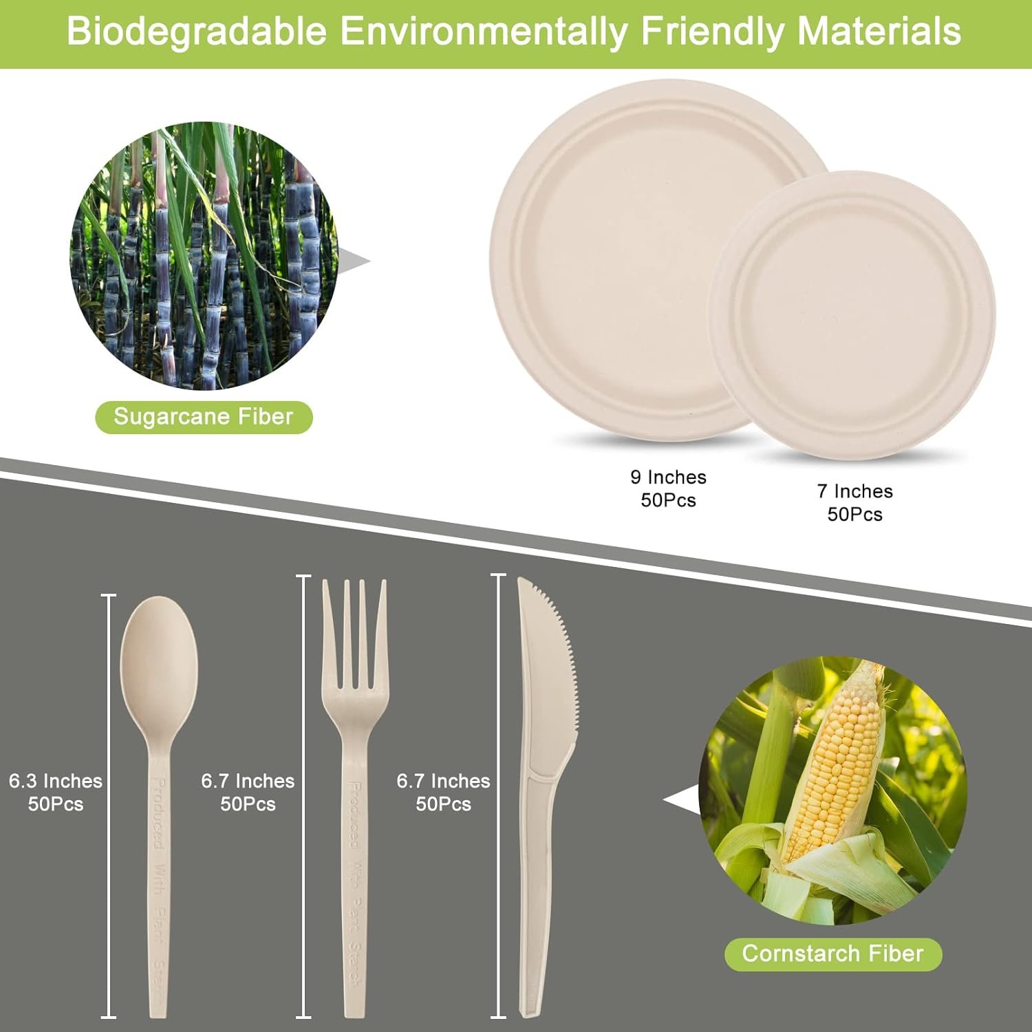 250 Piece Compostable Paper Plates Set with Extra Long Utensils, Sugarcane Fibers Disposable Dinnerware Set, Eco Friendly Biodegradable Plates, Spoons, Forks and Knives for Party, Camping, Picnic - Image 4