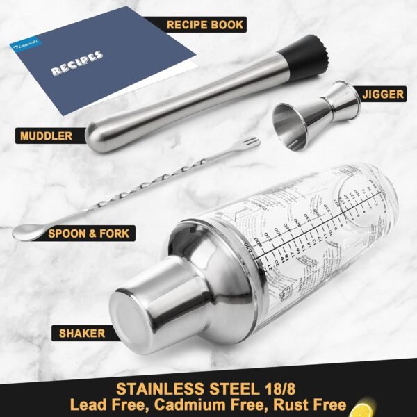 Tiawudi 23oz Glass Cocktail Shaker Set, 4PCS Bartender Kit, Martini Mixer Shaker with Built-in Strainer, Measuring Jigger, Cocktail Muddler & Mixing Spoon, Bar Tool Set for Bartender and Home Use - Image 3