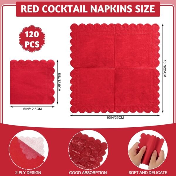 120 Pcs Red Napkins,Scalloped Red Cocktail Napkins Disposable Beverage Napkins Red Paper Napkins for Christmas Birthday Wedding Baby Shower, 5 x 5 Inch - Image 3