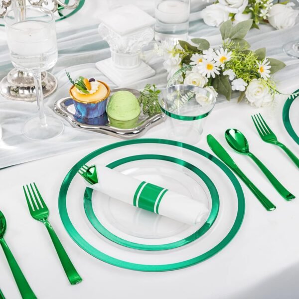 I00000 350 Pcs Green Plastic Plates-Christmas Dinnerware Set for Party,Include 50 Dinner Plates 10.25’’,50 Dessert Plates 7.5’’,50 Plastic Cups 9 OZ,50 Per Rolled Napkins with Cutlery for Xmas Dinner - Image 8