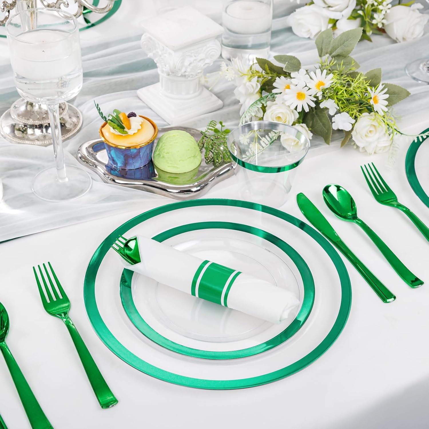 I00000 350 Pcs Green Plastic Plates-Christmas Dinnerware Set for Party,Include 50 Dinner Plates 10.25’’,50 Dessert Plates 7.5’’,50 Plastic Cups 9 OZ,50 Per Rolled Napkins with Cutlery for Xmas Dinner - Image 8