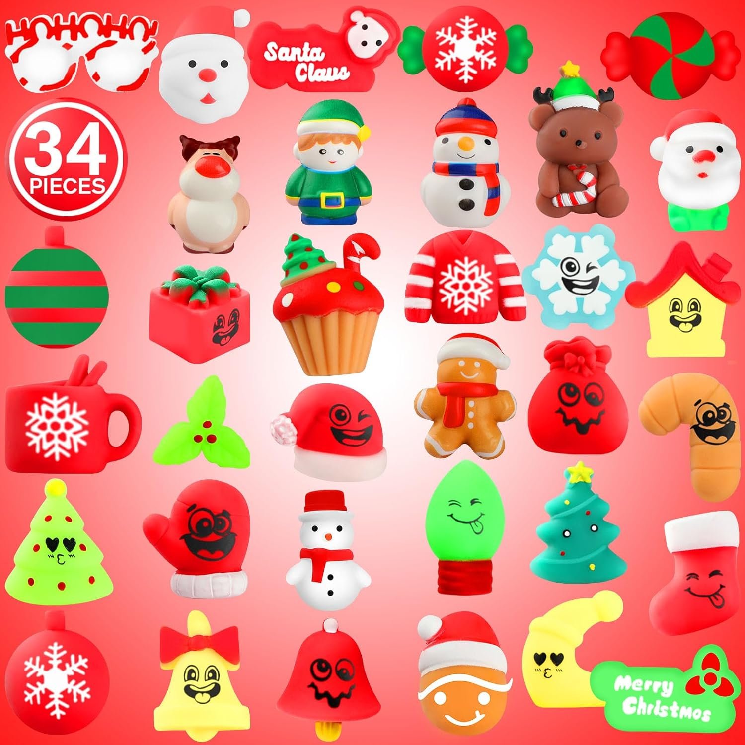 Christmas Squishy Toys, 34 PCS Squishies Christmas Party Favors for Kids Boys Girls, Mochi Kawaii Squishy Stress Reliever Anxiety Toys, Classroom Prize Bulk Gifts for Christmas Treat Goody Bags - Image 8