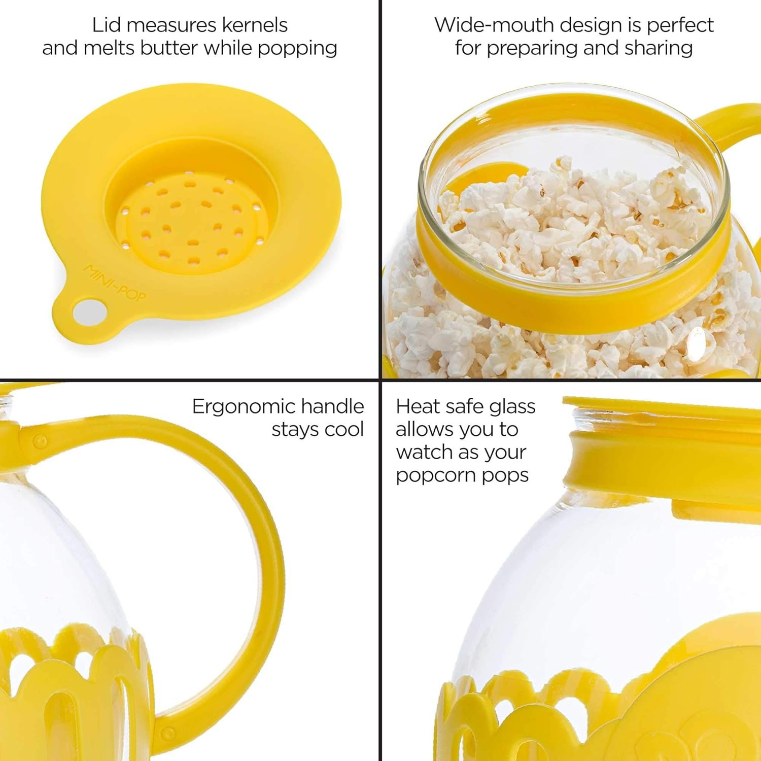 Ecolution Patented Micro-Pop Microwave Popcorn Popper with Temperature Safe Glass, 3-in-1 Lid Measures Kernels and Melts Butter, Made Without BPA, Dishwasher Safe, 3-Quart, Yellow - Image 6