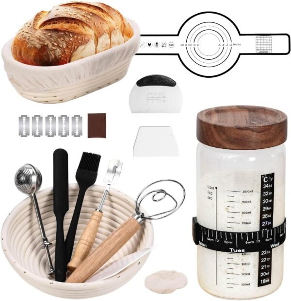 Sourdough Bread Baking Supplies and Starter Kit,40oz Sourdough Starter Jar with sealed Lid,2 Banneton Bread Proofing Baskets (9”Round & 10”Oval),Complete Sourdough Bread Baking Supplies - Image 2