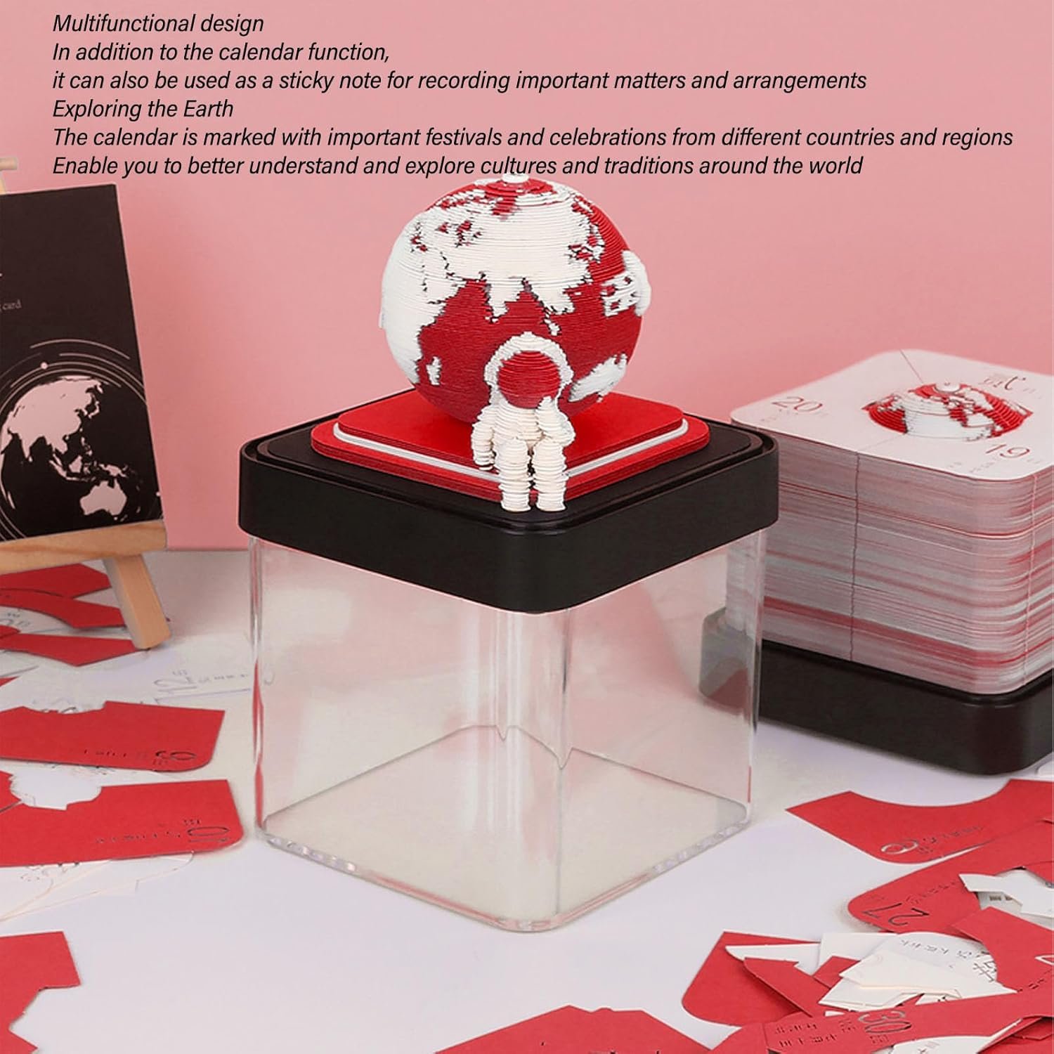 Locadence 3D Memo Pad, 3D Art Calendar Desk Calendar, Multi Functional Paper Carving Calendar Memo Pad for Christmas, Birthday, Holiday (Red) - Image 3