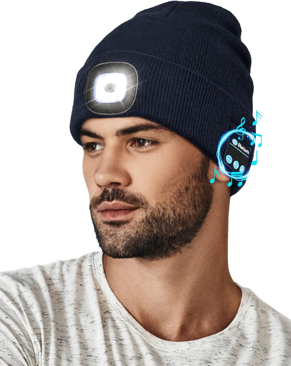 Wmcaps Bluetooth Beanie with a Light, Unisex USB Rechargeable 4 LED Fashlight Hat with Cordless Headphones, Unique Christmas Birthday Gifts for Men Him Husband Teen - Image 2