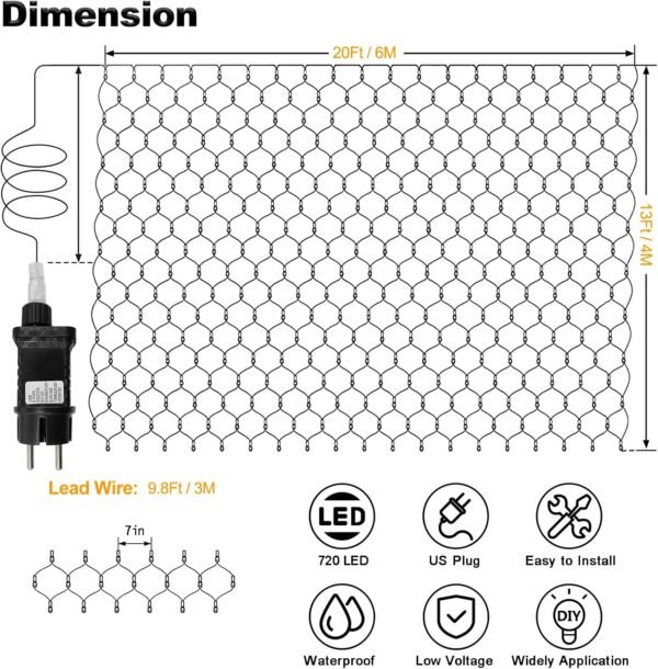 20Ft x 13Ft Net Lights Outdoor Mesh Lights Plug in, 720 LED Net Lights IP68 Fully Waterproof for Party Garden Backyard Wall Bush Christmas Decor (Warm White) - Image 9