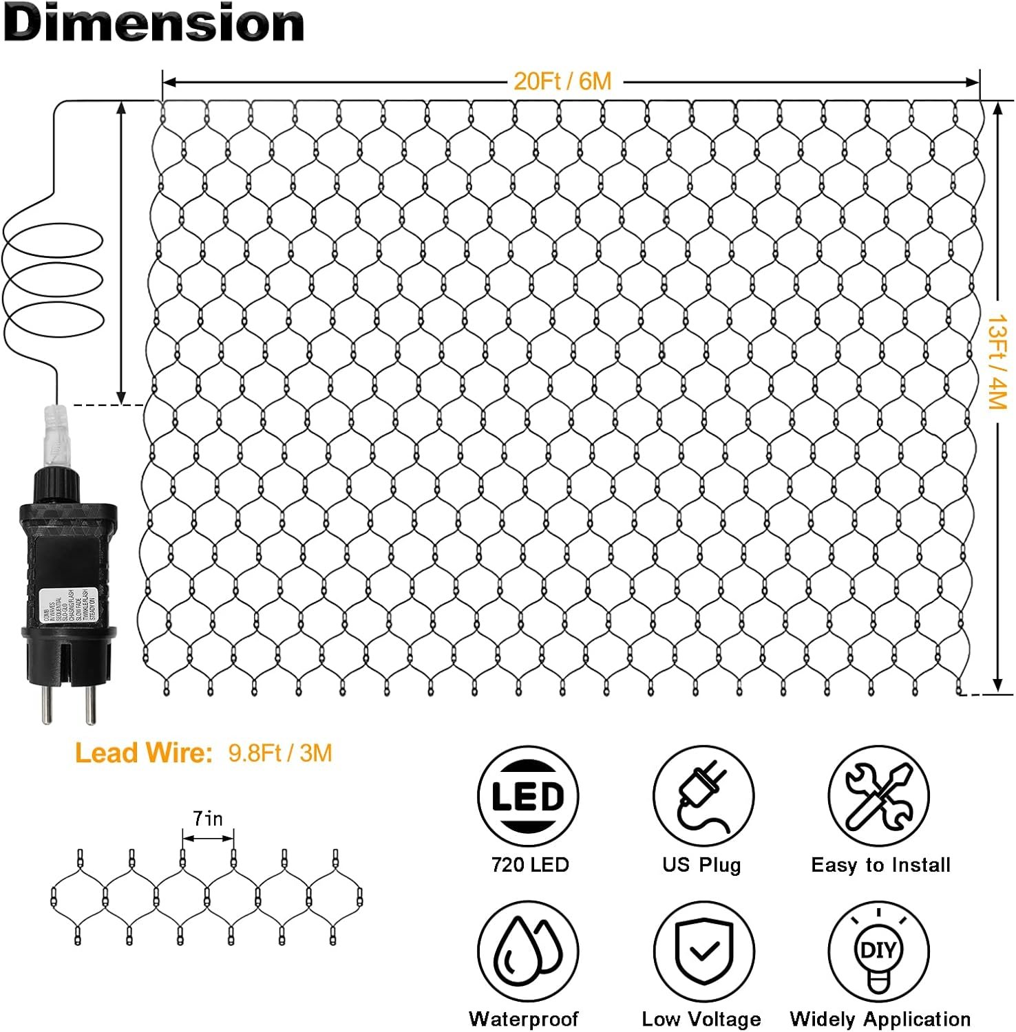 20Ft x 13Ft Net Lights Outdoor Mesh Lights Plug in, 720 LED Net Lights IP68 Fully Waterproof for Party Garden Backyard Wall Bush Christmas Decor (Warm White) - Image 9