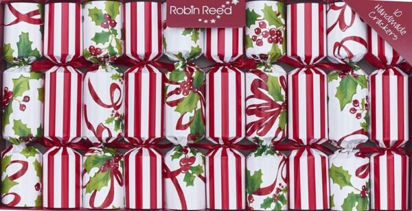 Robin Reed Handmade English Christmas Party Favors - 10 x 8.5 inch - Candy Cane Ribbons and Holly - Image 2