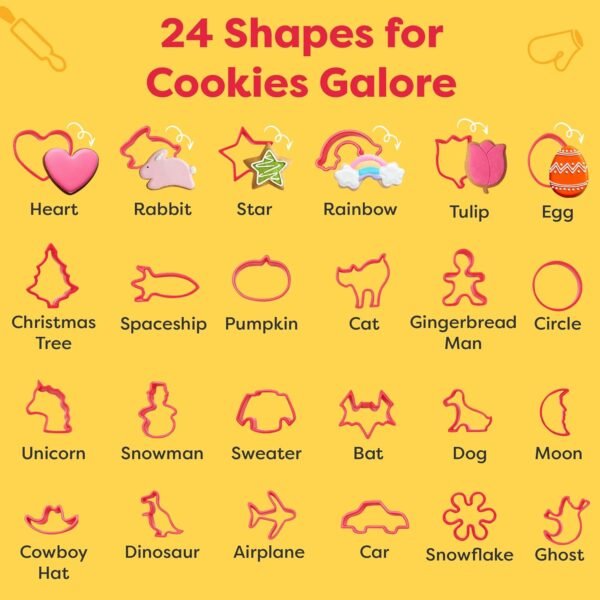 Baketivity Cookie Cutter Set For Kids, 24 Assorted Cookie Cutters of Basic Shapes, Seasonal, and Holiday Themes - With Rolling Pin, Silicone Baking Pan, and Non-Stick Baking Mat - BPA-Free - Ages 4+ - Image 5