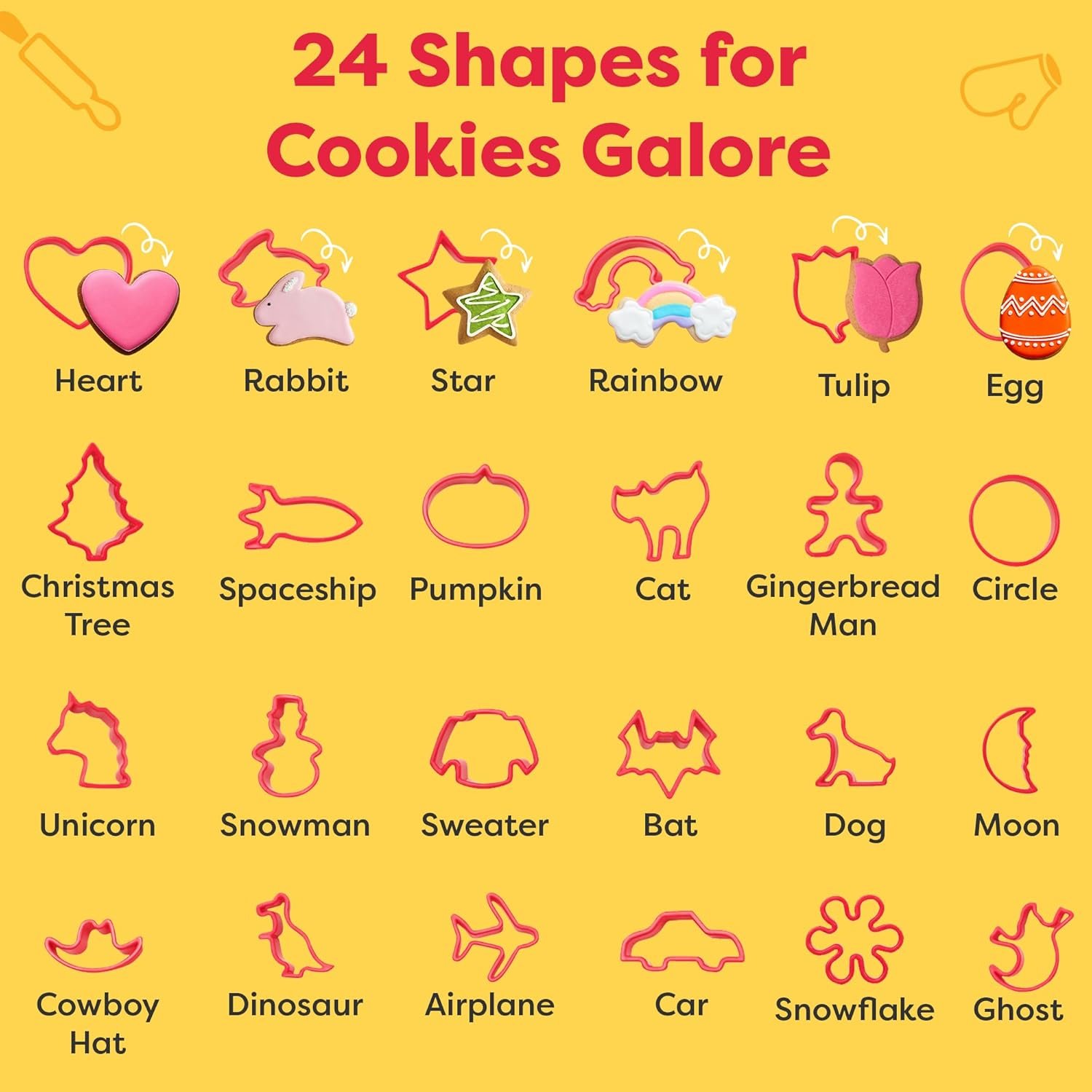 Baketivity Cookie Cutter Set For Kids, 24 Assorted Cookie Cutters of Basic Shapes, Seasonal, and Holiday Themes - With Rolling Pin, Silicone Baking Pan, and Non-Stick Baking Mat - BPA-Free - Ages 4+ - Image 5