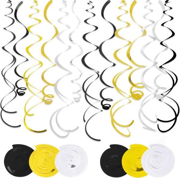 36Pcs Black and Gold Hanging Swirl Party Decorations, Black Silver Gold Ceiling Swirl Foil Streamers Party Supplies, Wedding Baby Shower Birthday Graduation Christmas New Year Party Decoration - Image 2