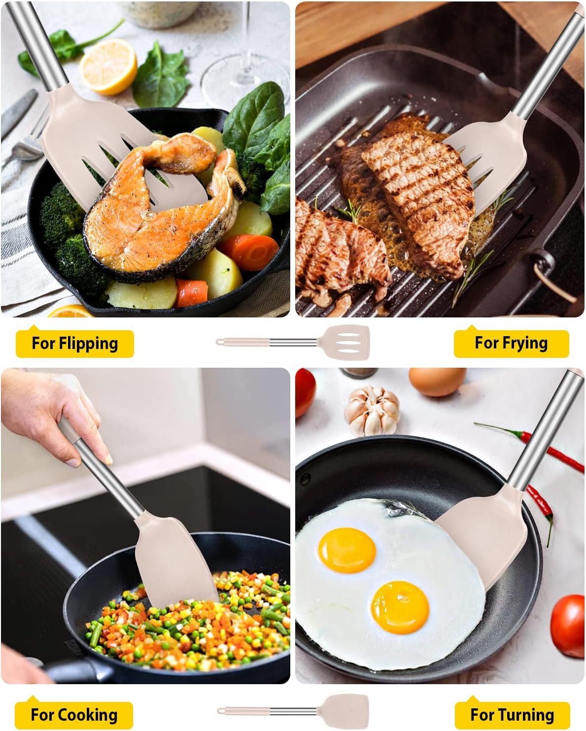 Pack of 2 Silicone Solid Turner, Non Stick Slotted Kitchen Spatulas, High Heat Resistant BPA Free Cooking Utensils, Ideal Cookware for Fish, Eggs, Pancakes(Stainless Steel Khaki) - Image 4