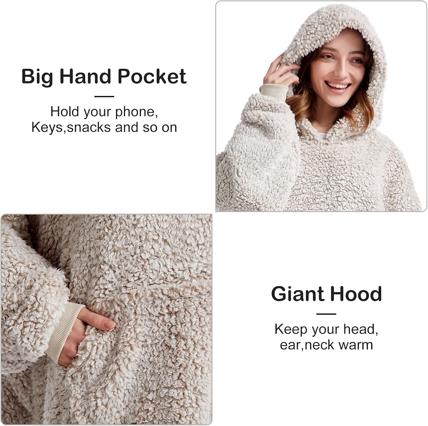 HORIMOTE HOME Cozy Sherpa Wearable Snuggle Blanket Hoodie for Adults Women Men Kids Gift Idea, Super Warm Lightweight Oversized Blanket Sweatshirt, Light Brown - Image 6