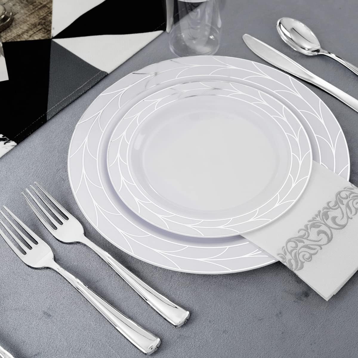 COLOSUS 175pcs Christmas Disposable White silver Plastic Party Plates and Silverware set, Include Dinner Plastes, Dessert Plates, Silverware, Cups, Napkins, Christmas Party plastic plates - Image 7