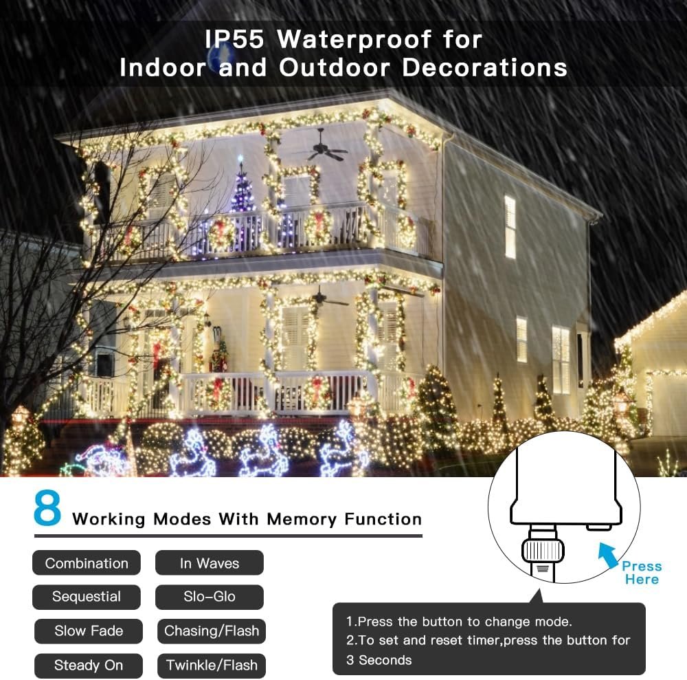 AmyHomie Warm White Christmas Lights, 108Ft 300LED Plug-in Christmas String Lights,8 Modes Waterproof Fairy String Lights for Outdoor & Indoor Christmas Tree Home Patio Garden Party Wedding Decor - Image 3