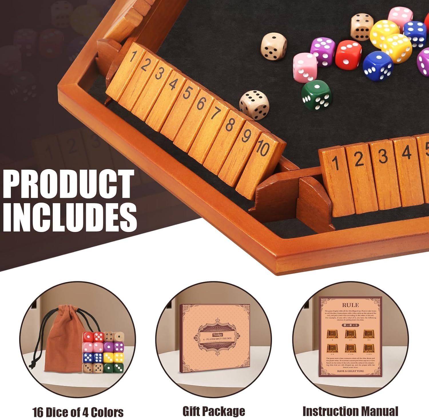 1-6 Players Shut The Box Dice Games, Wooden Board Table Math Game with 16 Dice and Instructions, Classics Close The Box Board Game for Adults Kids, Family Classroom Home or Bar - Image 3