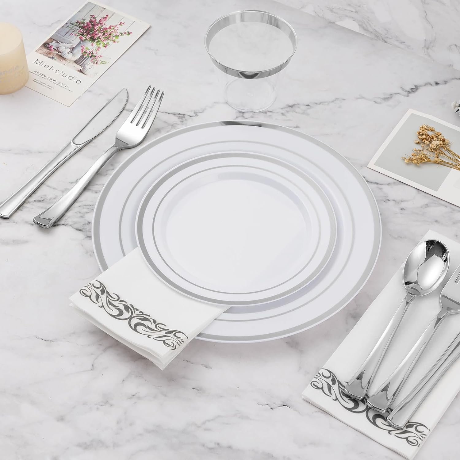 175 PCS Silver Dinnerware Set for 100 Guests, Plastic Dinnerware Set for Party, Include: 25 Silver Dinner Plates,25 Dessert Plates, 25 Silver Plastic Silverware Set, 25 Cups, 25 Paper Napkins - Image 6