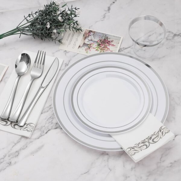 175 PCS Silver Dinnerware Set for 100 Guests, Plastic Dinnerware Set for Party, Include: 25 Silver Dinner Plates，25 Dessert Plates, 25 Silver Plastic Silverware Set, 25 Cups, 25 Paper Napkins - Image 3