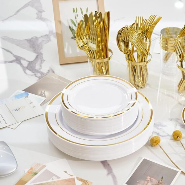 350 Pieces Gold Disposable Plates for 50 Guests, Disposable Plastic Plates for Party, Wedding, Dinnerware Set of 50 Dinner Plates, 50 Salad Plates,50 Cups and 50 Paper Napkins, Gold - Image 6