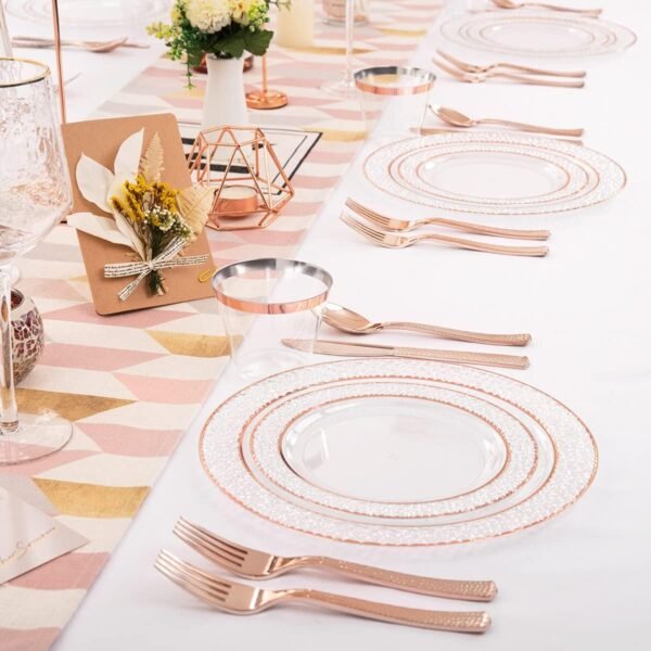 Ciaell 150PCS Rose Gold Plastic Plates – Disposable Rose Gold Plates with Rose Gold Plastic Silverware include 50Plates, 25Forks, 25Knives, 25Spoons, 25Cups for Wedding & Party - Image 8