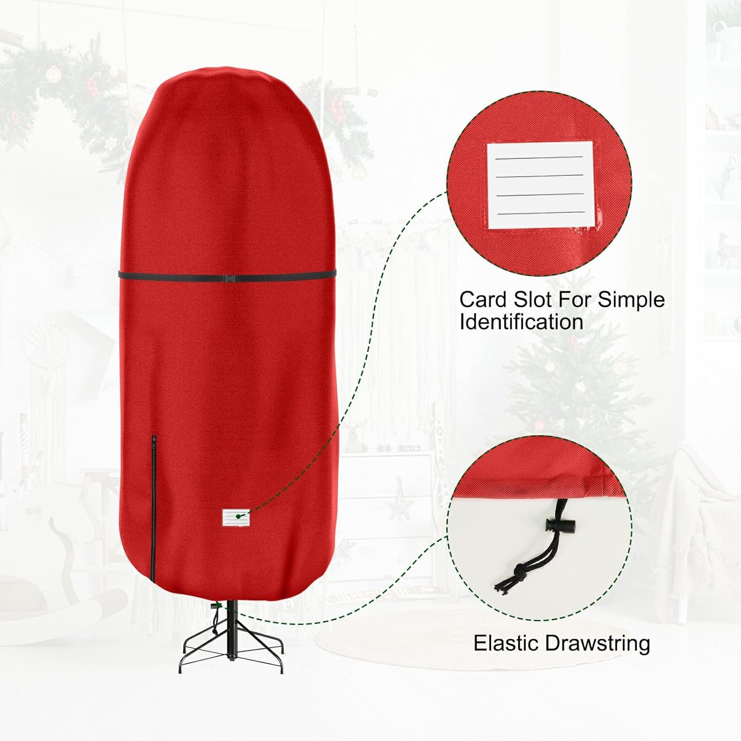 Upright Christmas Tree Storage Cover,Tear Resistant Adjustable 7.5 FT Xmas Tree Storage Bag for Artificial Tree Standing with Ornaments,Fabrics Christmas Tree Cover, Dustproof (Red) - Image 4