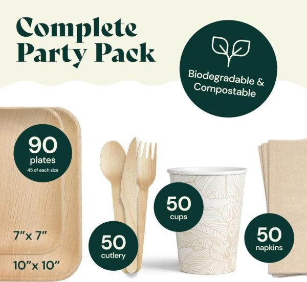 Chic Leaf Party Supplies Tableware 340 Pcs Bulk Pack for 45 Guests - 100% Biodegradable Palm Leaf Disposable Dinnerware Set, Sturdy 10'' & 7'' Plates w/ 10 Oz Cups, Napkins, Forks, Knifes & Spoons - Image 3