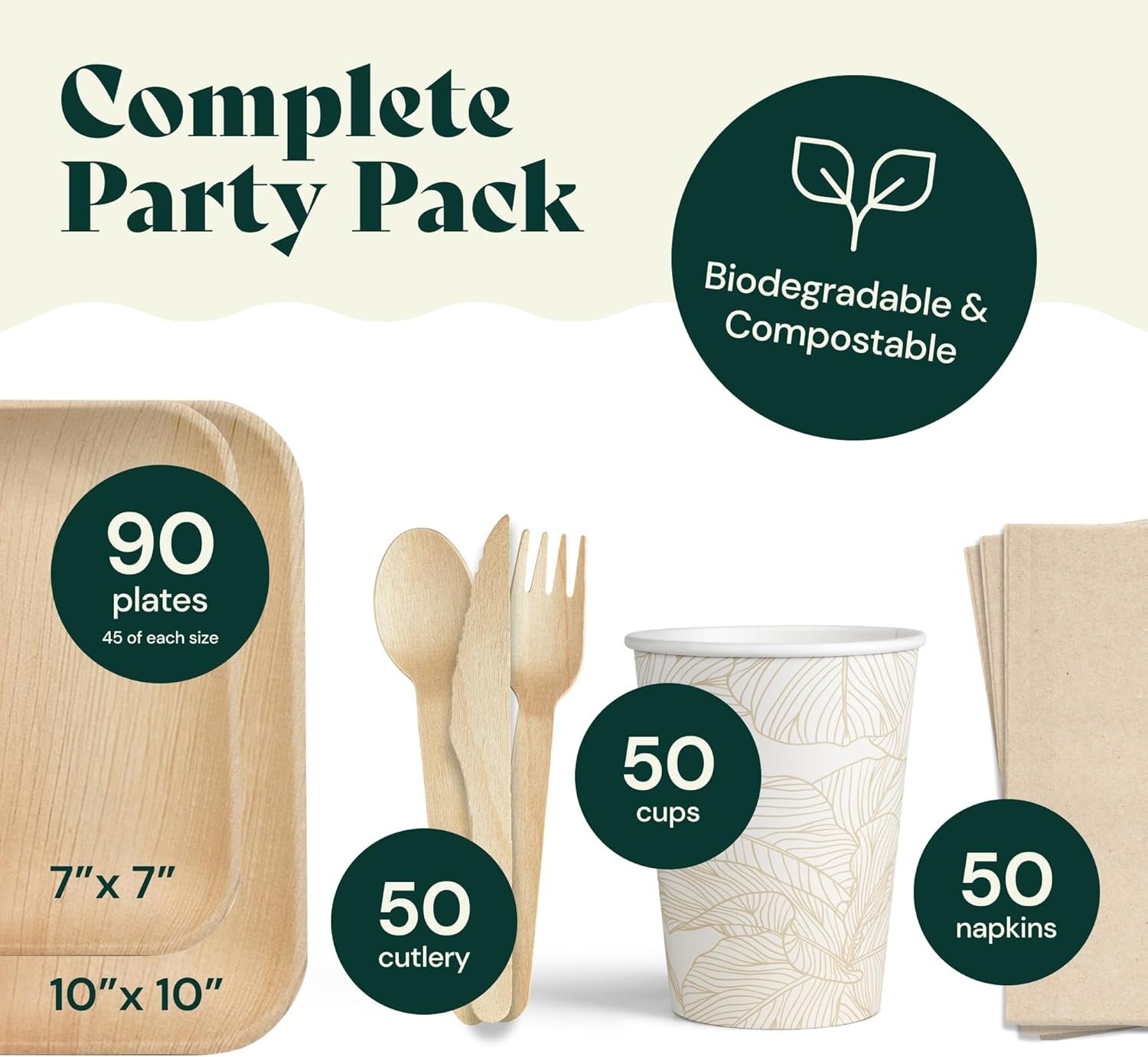 Chic Leaf Party Supplies Tableware 340 Pcs Bulk Pack for 45 Guests - 100% Biodegradable Palm Leaf Disposable Dinnerware Set, Sturdy 10'' & 7'' Plates w/ 10 Oz Cups, Napkins, Forks, Knifes & Spoons - Image 3