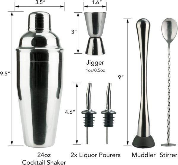 Arora Barware Set - 6pc - Stainless Steel - Professional Bar Tools for Drink Mixing, Home, Bar, Party, Silver, 24oz (851111) - Image 3