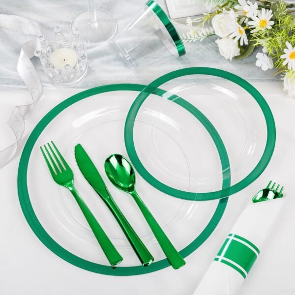 I00000 350 Pcs Green Plastic Plates-Christmas Dinnerware Set for Party,Include 50 Dinner Plates 10.25’’,50 Dessert Plates 7.5’’,50 Plastic Cups 9 OZ,50 Per Rolled Napkins with Cutlery for Xmas Dinner - Image 6