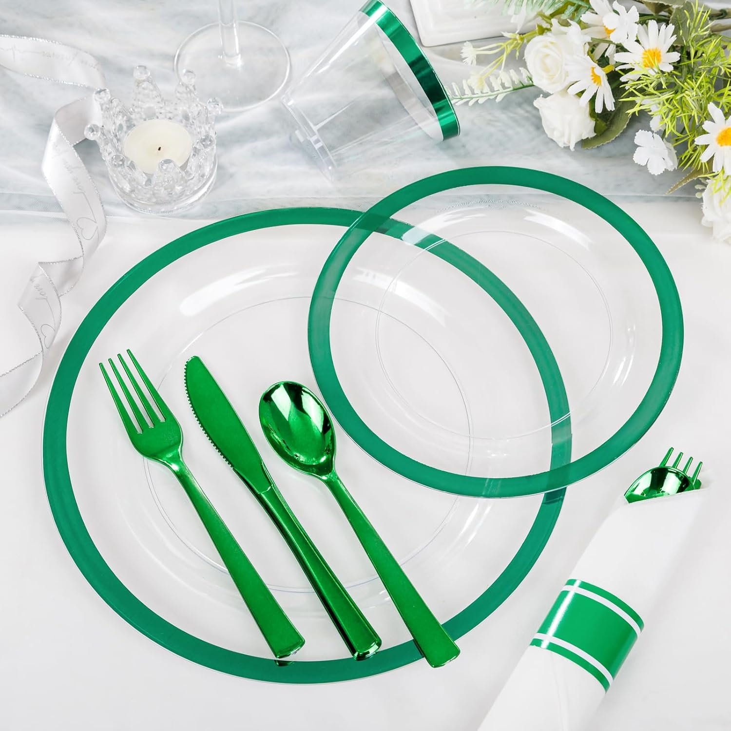 I00000 350 Pcs Green Plastic Plates-Christmas Dinnerware Set for Party,Include 50 Dinner Plates 10.25’’,50 Dessert Plates 7.5’’,50 Plastic Cups 9 OZ,50 Per Rolled Napkins with Cutlery for Xmas Dinner - Image 6