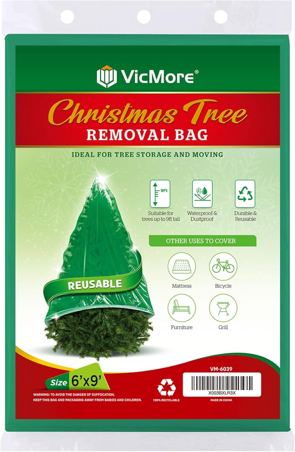 VicMore Polyethylene Christmas Tree Storage Bag - 9ft x 6ft Waterproof Bag for Hassle-Free Tree Removal - Tear-Resistant, Odorless, Dustproof Tree Bag - Multi Use Large Storage Bag for Moving - Green - Image 2