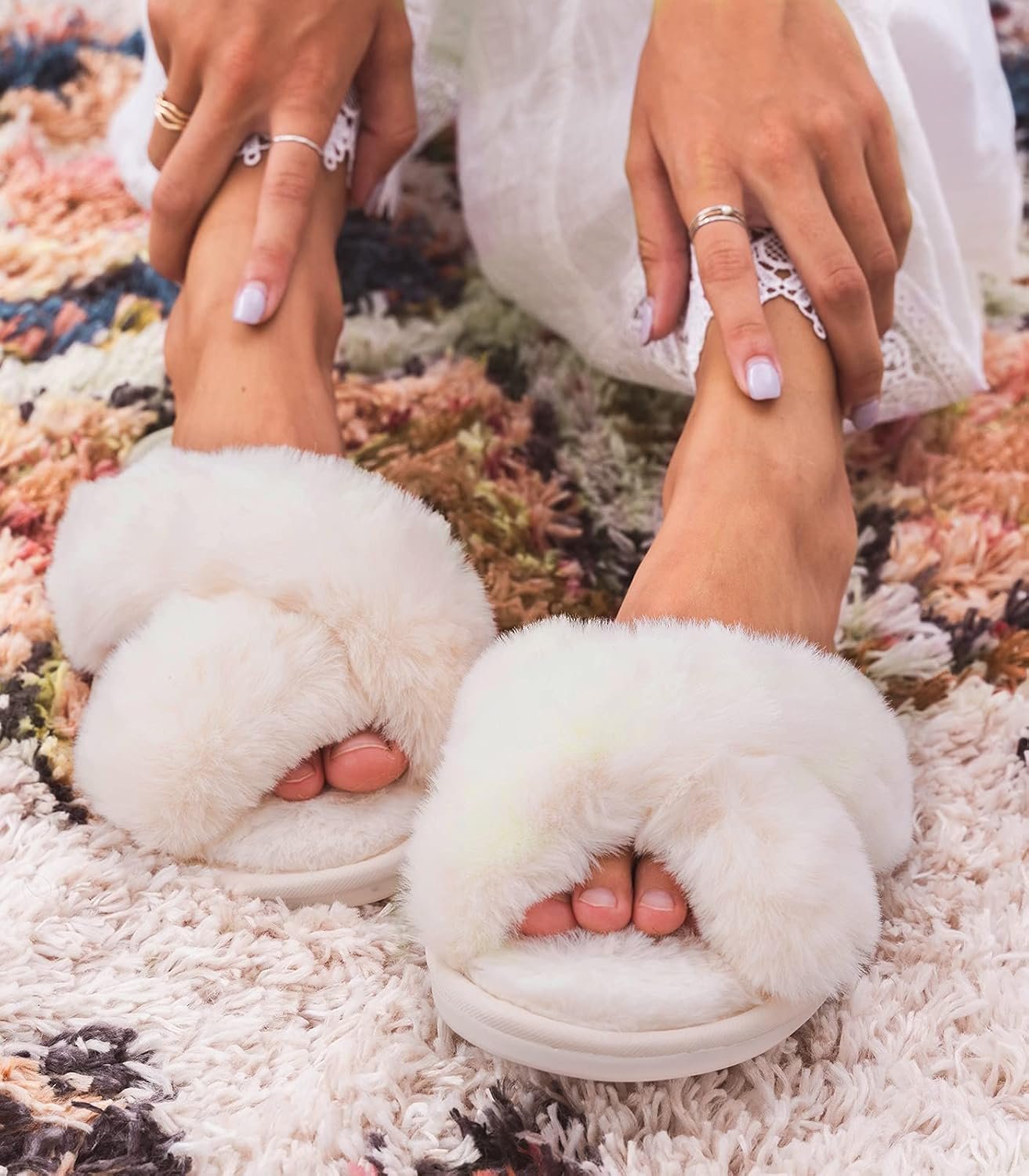 Ankis Womens Fuzzy Memory Foam Slippers Cross Band Cozy Plush Home Slippers Fluffy Furry Open Toe House Shoes Indoor Outdoor Slide Slipper - Image 7