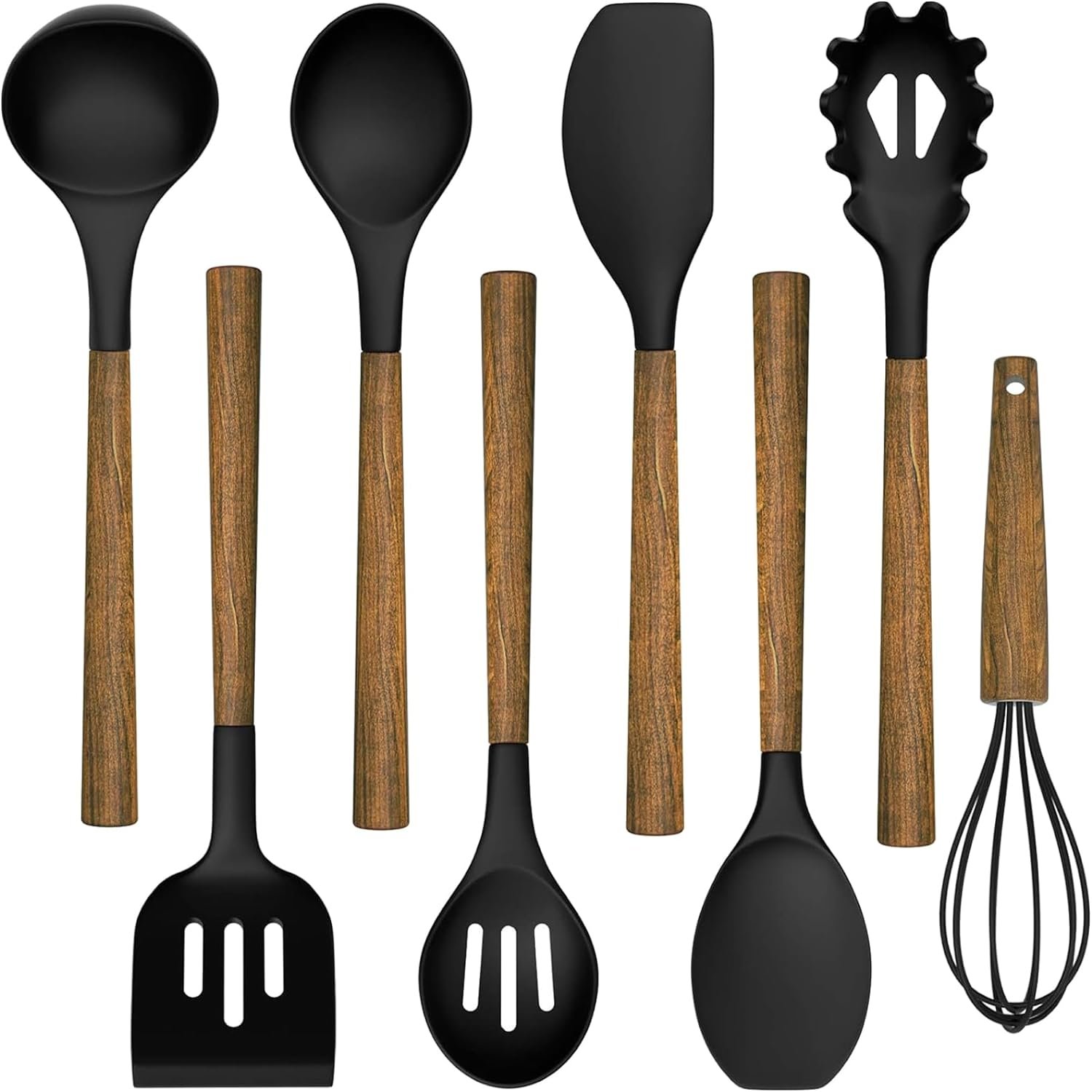Silicone Cooking Utensil Set, Umite Chef 8-Piece Kitchen Set with Natural Acacia Wooden Handles,Food-Grade Silicone Heads-Silicone Kitchen Gadgets Spatulas Set for Nonstick Cookware- Black - Image 2