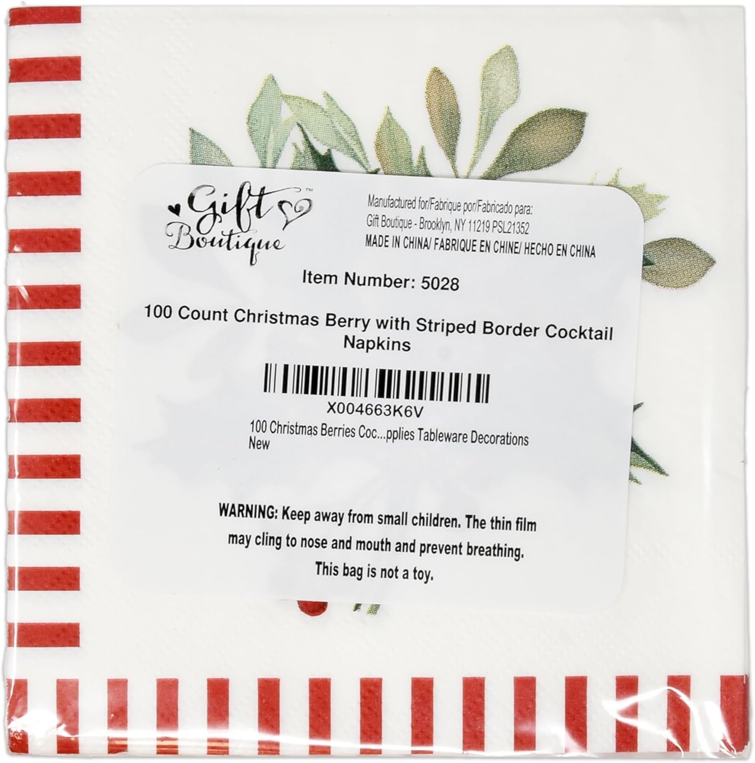 100 Christmas Berries Cocktail Beverage Napkins Disposable Paper Xmas Holly Berry Pine Red and White Striped Dessert Napkin for Winter Holiday Home Kitchen Wedding Party Supplies Tableware Decorations - Image 9