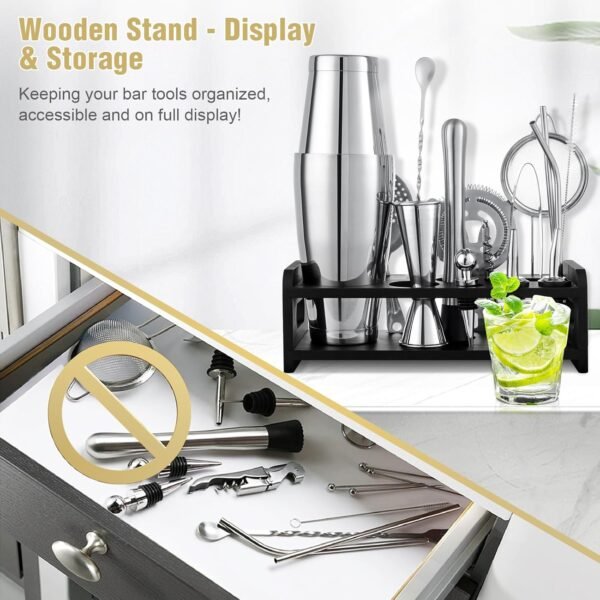 Boston Cocktail Shaker Set, 18PCS Bartender Kit Bar Tools Set with Stand & Recipe, Bar Mats for Bartending, Professional Barware Mixing Tools Cocktail Kit, for Drink Mixing Bar Party, Sliver - Image 6