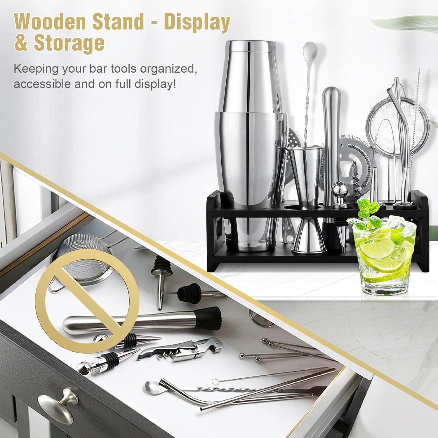 Boston Cocktail Shaker Set, 18PCS Bartender Kit Bar Tools Set with Stand & Recipe, Bar Mats for Bartending, Professional Barware Mixing Tools Cocktail Kit, for Drink Mixing Bar Party, Sliver - Image 6