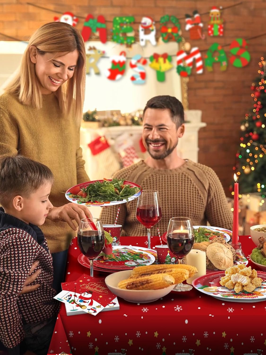196 Pcs Christmas Party Decorations Supplies Christmas Dinnerware Sets for 24 Guests - Party Disposable Tableware Set - Plates, Napkins,Cups,Cutlery,Forks and Tablecloth for Xmas Party Decorations - Image 8