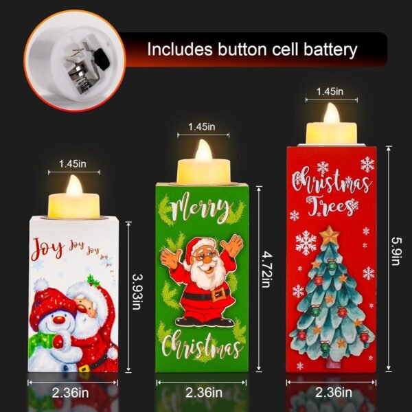 3Pcs Christmas Candle Holders with Battery Operated Tea Lights Candles, Flameless Candles with Wooden Candles Holder, Tealight Candle Holder for Christmas Tabletop Decorations/Gifts - Image 6