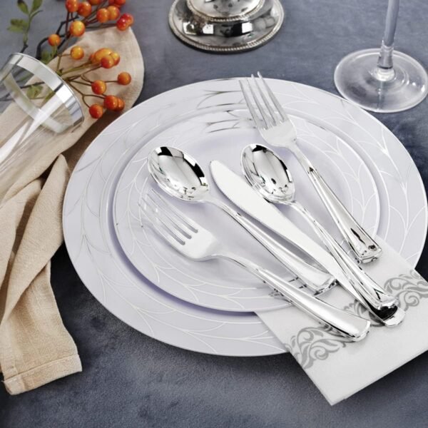 COLOSUS 175pcs Christmas Disposable White silver Plastic Party Plates and Silverware set, Include Dinner Plastes, Dessert Plates, Silverware, Cups, Napkins, Christmas Party plastic plates - Image 6