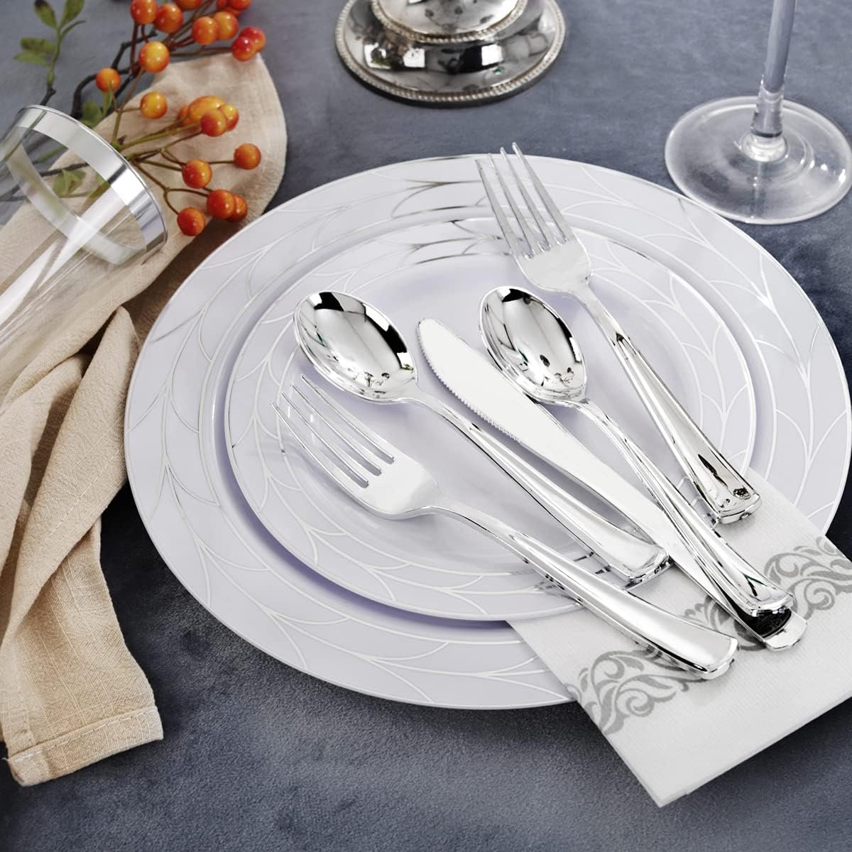 COLOSUS 175pcs Christmas Disposable White silver Plastic Party Plates and Silverware set, Include Dinner Plastes, Dessert Plates, Silverware, Cups, Napkins, Christmas Party plastic plates - Image 6