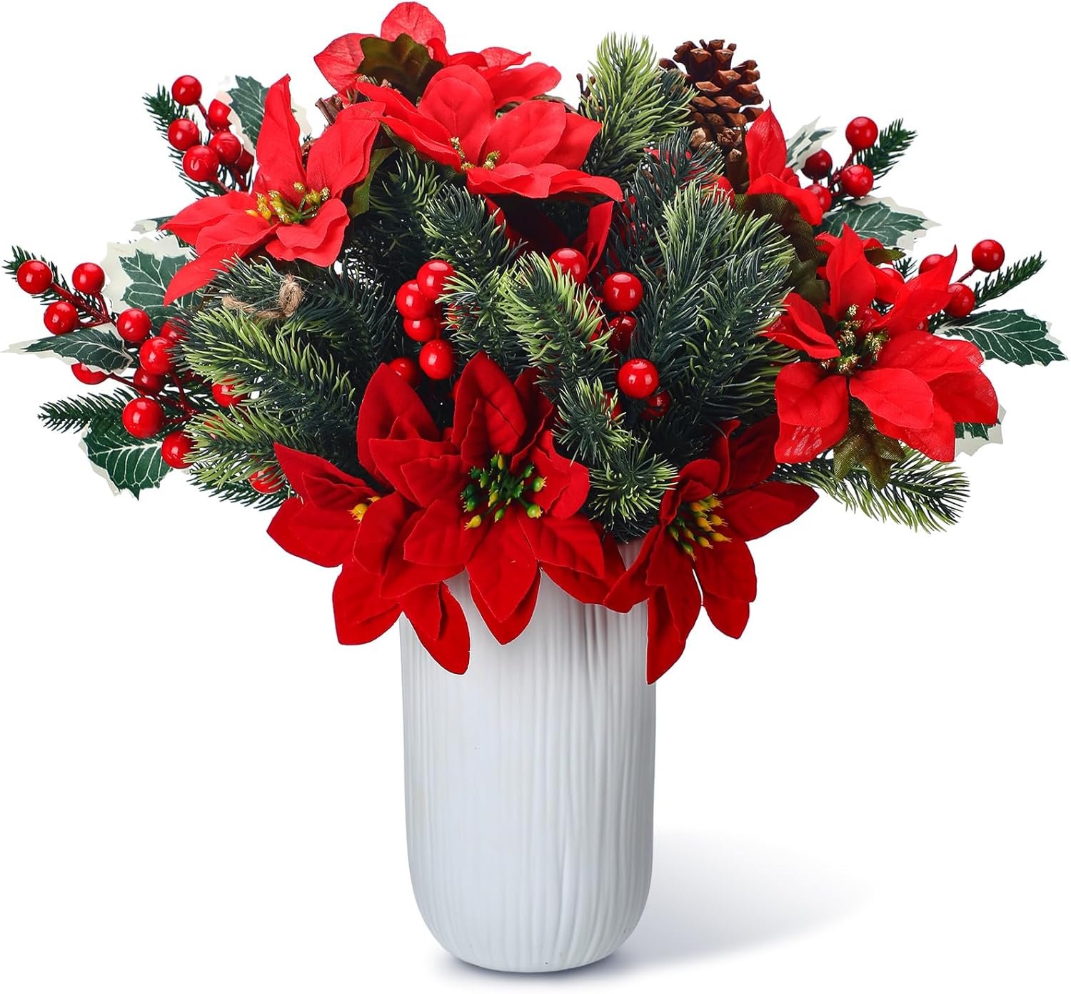 20 Pcs Artificial Christmas Red Flowers Bouquet Floral Pine Cones Holly Berries Stems Floral Picks Branches for Xmas Tree Decoration Vase Crafts Garland Wreath(Red, Green) - Image 2